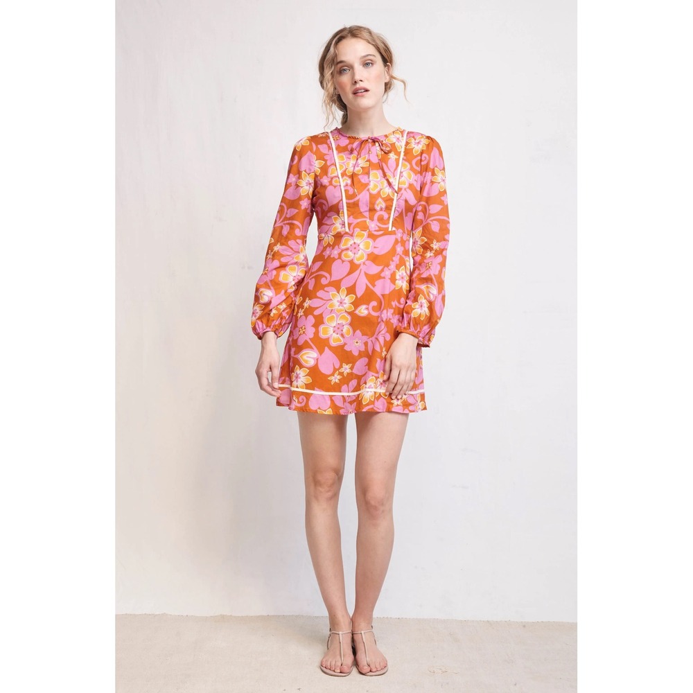 Warm NY Floral Mini Dress Orange Pink Retro Long Sleeve V-Neck Size 0 FLAW -